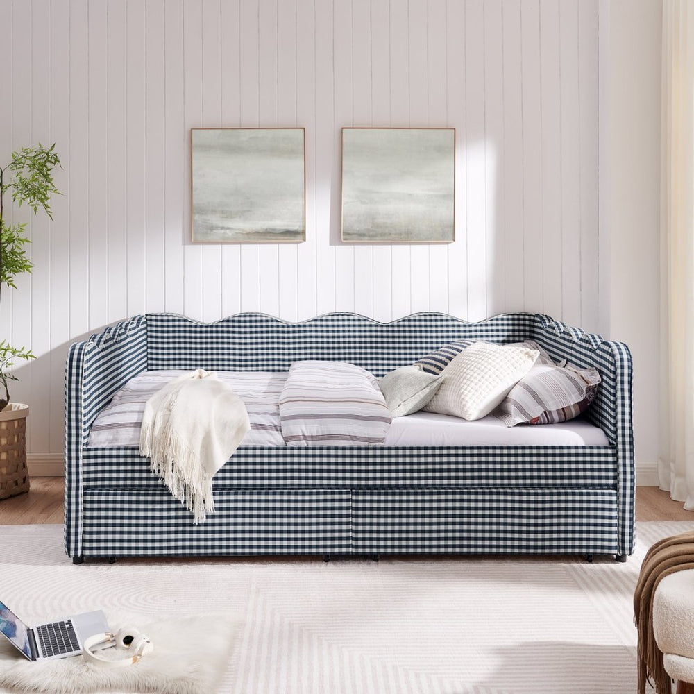 English Elm Queen Gingham Linen Daybed with Wave Backrest Two Storage Drawers and Usb Port Navy Blue W1413S00152