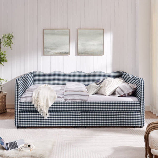 English Elm Queen Gingham Linen Daybed with Wave Backrest Two Storage Drawers and Usb Port Navy Blue W1413S00152