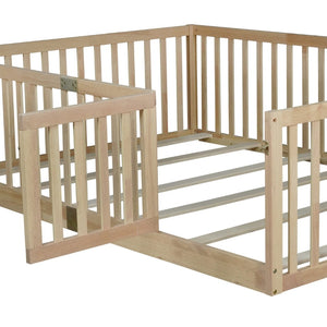 English Elm Twin Montessori Floor Bed Solid Rubber Wood with Safety Fence Rails Toddler Room W504P411200