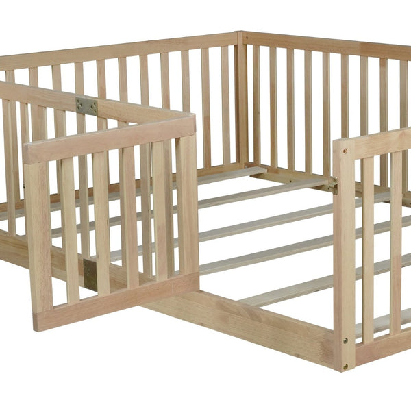 English Elm Twin Montessori Floor Bed Solid Rubber Wood with Safety Fence Rails Toddler Room W504P411200