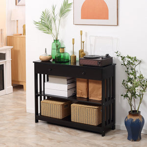 English Elm HOMCOM Narrow Console Table with Extra Wide Drawer, Slatted Frame, 2 Open Shelves & Anti-Tip Safety Black W2225P249592