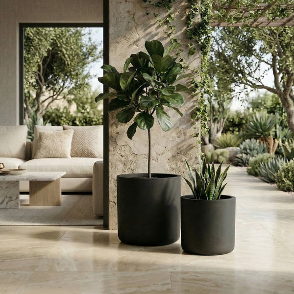 English Elm Round Concrete Style Planter Duo Handcrafted Magnesium Oxide Pots for Patio Garden W347P449315