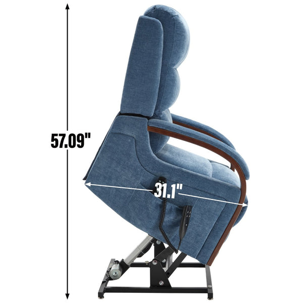 English Elm Power Lift Recliner Chair Chenille Upholstery Dual Motor Heat Massage Solid Wood Arms Blue W1803S00067