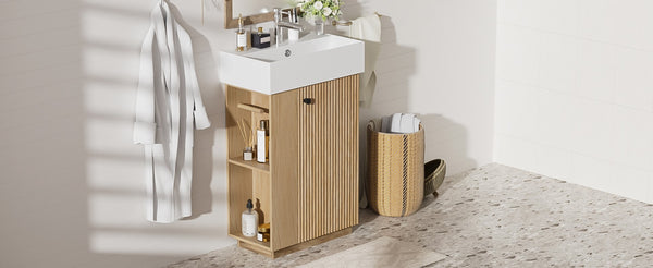 English Elm [video]21.6" Freestanding Bathroom Vanity Ceramic Sink Wavy Door Mdf Cabinet Small Bath Wood N729P285503N