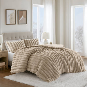 JLA Home Madison Park - Ultrasoft Faux Fur Ribbed Comforter Set reinvents your bedroom with plush velvet reverse, Oeko‑Tex safety and lasting loft Taupe MP10-8440