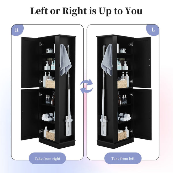 English Elm Tall Bathroom Storage Cabinet - Freestanding With Adjustable Shelves, Hooks & Modern Black Design N725P241834B-GIGA