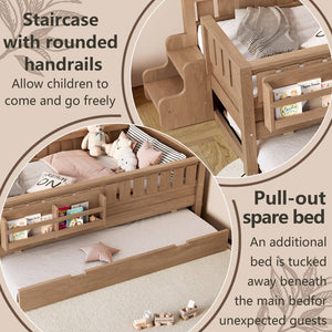 English Elm Twin Kids Platform Bed with Trundle Staircase Bookshelf and Rounded Safety Rails Natural W1580S00558