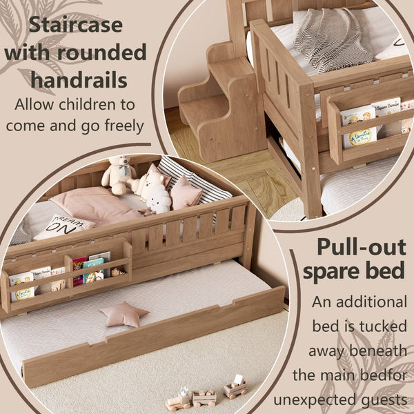 English Elm Twin Kids Platform Bed with Trundle Staircase Bookshelf and Rounded Safety Rails Natural W1580S00558