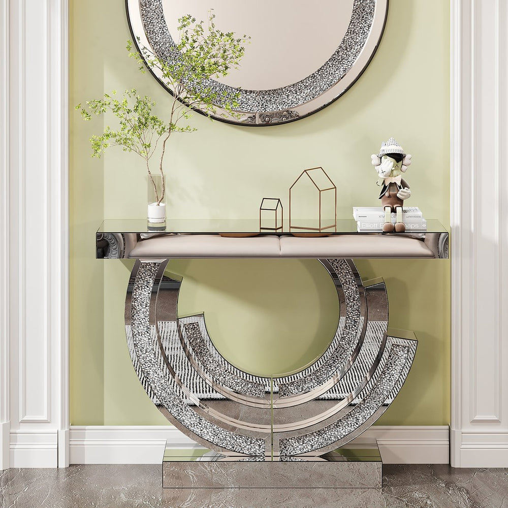 English Elm 3C Silver Crushed Diamond Mirrored Console Table – Modern Curved 3D Hallway Accent for Living Room W3836P362145