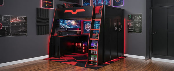English Elm Full Size Wood Loft Bed with Rgb Lighting Desk and Multi-tier Shelves for Gaming Red LT000374AAR