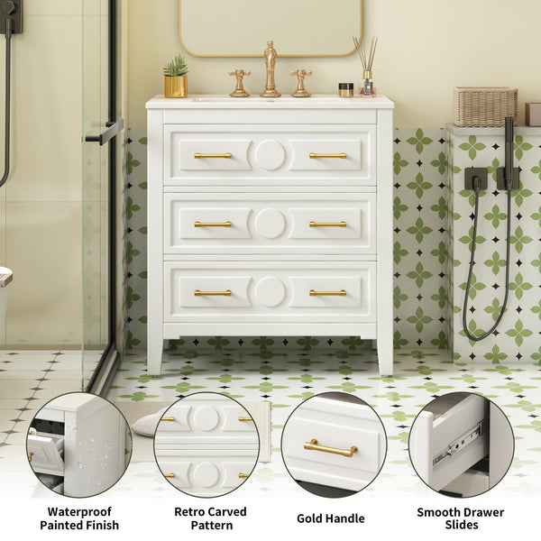 English Elm 30'' Bathroom Vanity with Ceramic Sink, Solid Wood Frame Retro Style Vanity with 3 Drawers & Gold Handles White N710P246209K