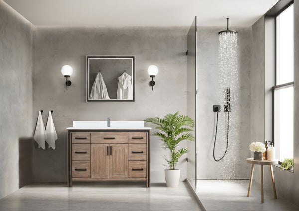 English Elm Rustic Barnwood 48" Bath Vanity with White Quartz Top, Soft-Close Drawers, Mirror & Ample Storage B2731S00807