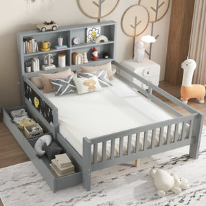 English Elm Full Solid Wood Platform Bed with Chalkboard Headboard, Storage Drawers & Shelves, Kid-Friendly White Gray W1580P362710