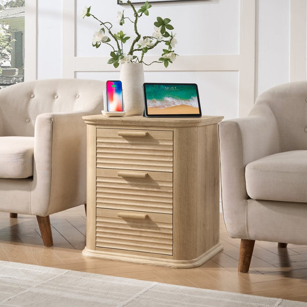 English Elm 22" Fluted Wood Nightstand with Built-in Charging Station Three Drawer Bedside Storage Oak T5326P431150