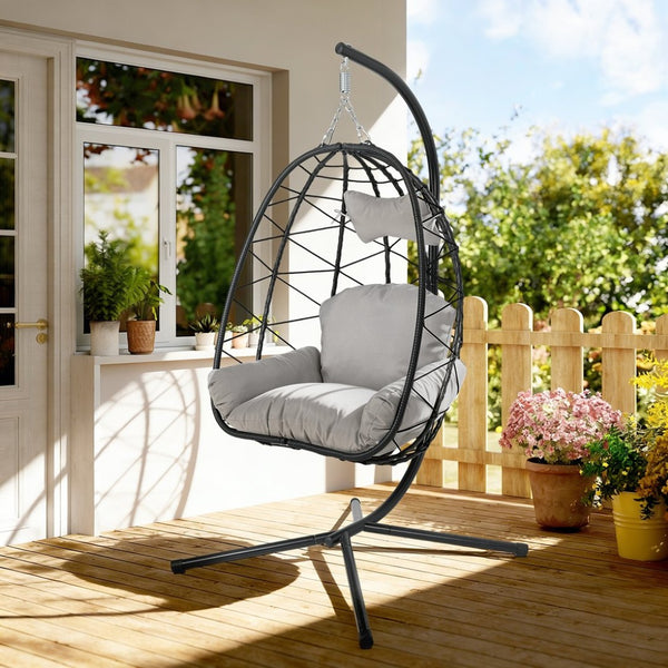 English Elm Hanging Wicker Egg Swing Chair with Stand Ergonomic Cradle for Patio or Bedroom T5880P497555