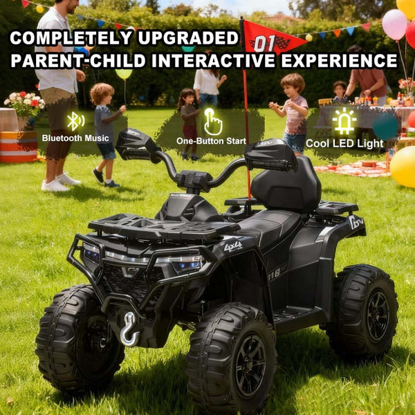 English Elm 24v Ride on Atv for Kids with Dual Motors Led Lights Bluetooth and Rugged Wide Wheelbase Black W3822P390477