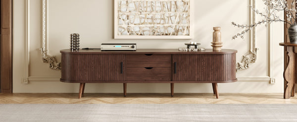 English Elm 70 Mid Century TV Stand with Rattan-Front Drawers, Tambour Doors, Built-In Outlets & Solid Wood Legs Dark Brown N710P339446P