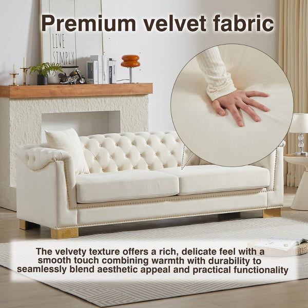 English Elm {video] Tufted Black Velvet Chesterfield Sofa with Gold Studs Three Seat Living Room Beige W1926S00096