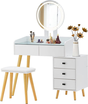 English Elm Dressing Table with LED Touch Mirror, Glass Top, 5 Drawers & Extendable Side Table, White, USB W2139P193930