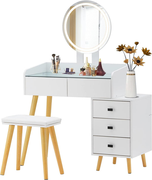 English Elm Dressing Table with LED Touch Mirror, Glass Top, 5 Drawers & Extendable Side Table, White, USB W2139P193930