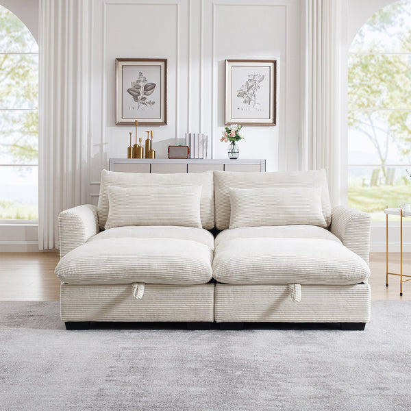 English Elm Corduroy Two-Seater Sectional Sofa With Storage Footrests - Modern Comfort For Stylish Living Rooms W714S00638