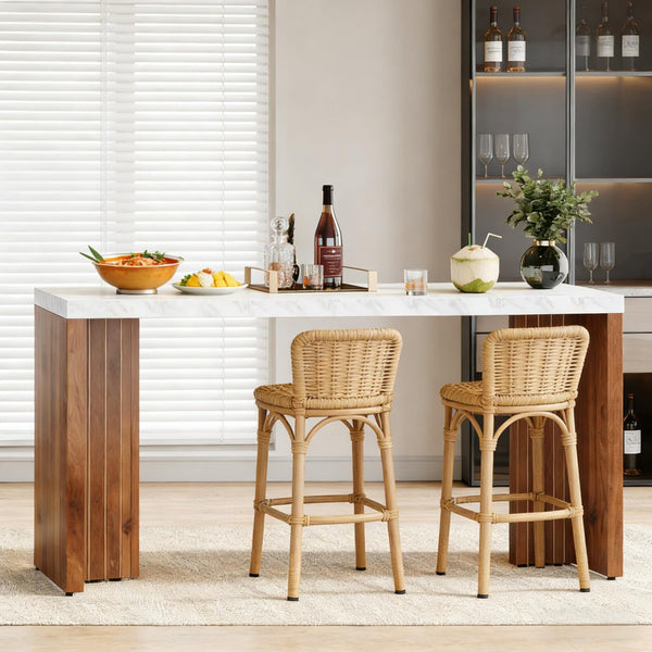 English Elm Coffee Bar Table with Faux Marble Top and Walnut Legs for Modern Home Dining T3971P454244