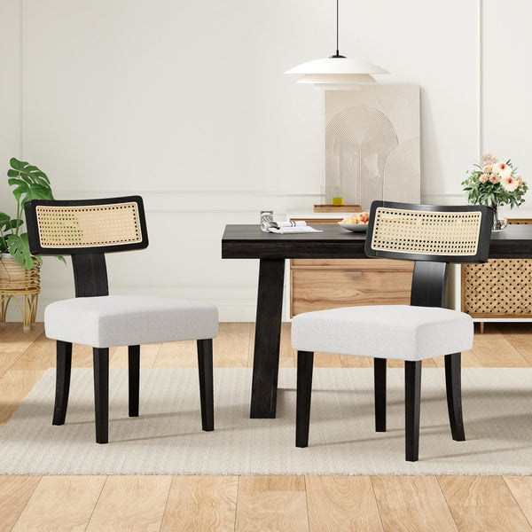 English Elm Upholstered Armless Dining Chairs with Rattan Back Hardwood Frame French Country Set of 2 Beige+Black T3623P411725