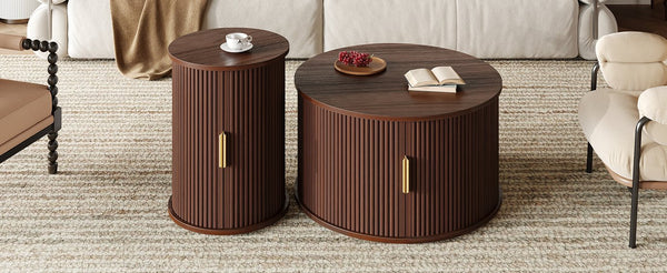 English Elm [Assembly Mid-Century Coffee Table Set with Tambour Sliding Doors, Fluted Round End Table, Gold Handles, Versatile Storage and Stylish Wooden Finish Walnut N721P351940P