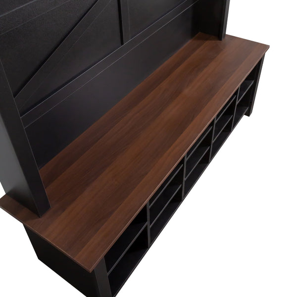 English Elm ON-TREND Farmhouse 4-in-1 Hall Tree with 6 Hooks, Walnut Bench, 16 Compartments, Rustic Entryway Organizer Black N721P264915B