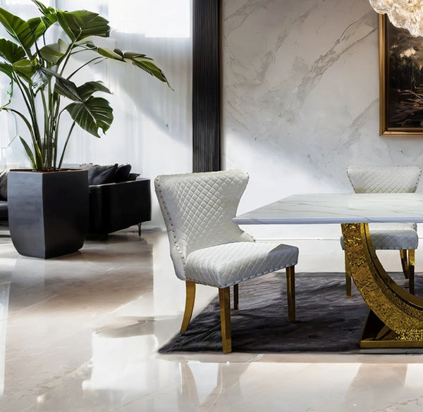 English Elm Glam 2Pc Side Chair Set - Chic White Upholstered Chairs With Gold Legs & Diamond Tufted Backrests B2741P406811