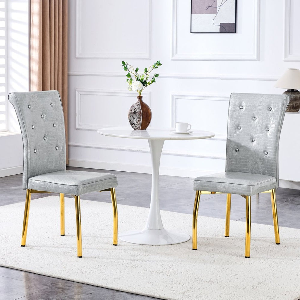 English Elm A Set of 2 Crystal Button Faux Leather Dining Chairs with Embossed Croc Texture Gold,Gray W3226P340256