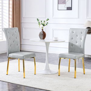 English Elm A Set of 2 Crystal Button Faux Leather Dining Chairs with Embossed Croc Texture Gold,Gray W3226P340256