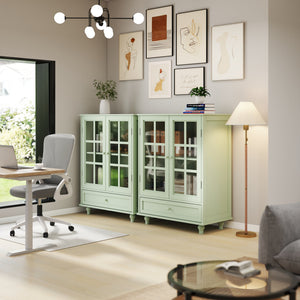 English Elm Minimalism Mint Green Buffet Cabinet with Tempered Glass Doors, Solid Wood Legs, Adjustable Shelves & Drawer (Classic Vintage) W2557P262926