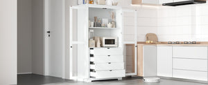 English Elm Topmax Solid Pine Pantry Cabinet with Glass Doors Four Drawers Farmhouse Storage White SP000086AAK