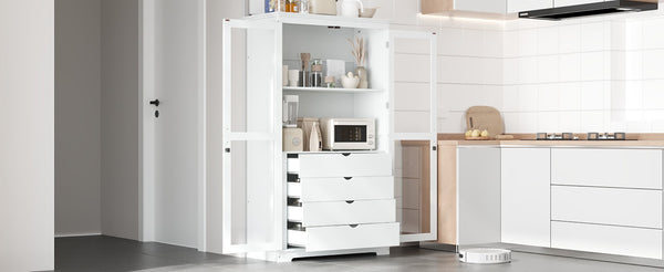 English Elm Topmax Solid Pine Pantry Cabinet with Glass Doors Four Drawers Farmhouse Storage White SP000086AAK