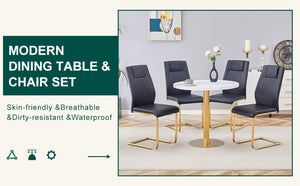 English Elm Table 31.5-Inch Round Dining Set With Elegant White Marble Top & 4 Black Pu Chairs, Gold Legs W1151S02492-GIGA