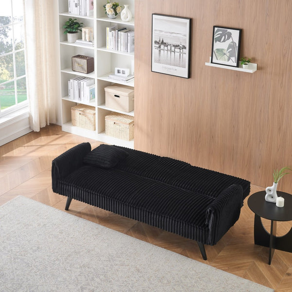 English Elm Minimalist Corduroy Reclining Sofa with Convertible Flat Sleeper and Cup Holder Black W3356P421777