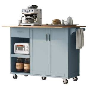 English Elm K&K Kitchen Island with Foldable Countertop, Spacious Mobile Storage Cart, Soft-Close Doors, Durable Rubberwood Top and Locking Wheels Grey-Blue N707P173036G