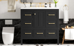 English Elm 36'' Bathroom Vanity with Resin Sink, Solid Wood Frame, 5 Drawers, Soft-Close Doors, Gold Knobs, Spacious Storage Black SW000142AAB-1
