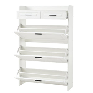 English Elm Two drawer three-fold shoe cabinet with ample vertical shelving, smooth finish, compact entryway storage White W3871P368975