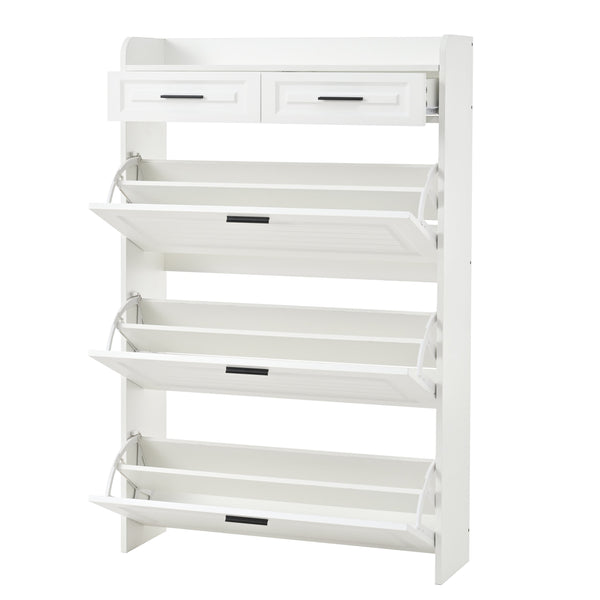 English Elm Two drawer three-fold shoe cabinet with ample vertical shelving, smooth finish, compact entryway storage White W3871P368975