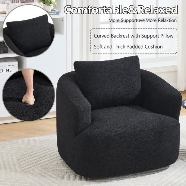 English Elm 360° Swivel Barrel Chair Teddy Fleece Upholstery with Pillow for Bedroom Reading Nook Black W1803P363032