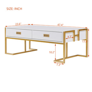 English Elm Modern 47.3" Rectangular Coffee Table with White MDF Top, Gold Metal Base & 4 Spacious Drawers, Luxe-functional Design N735P305626K