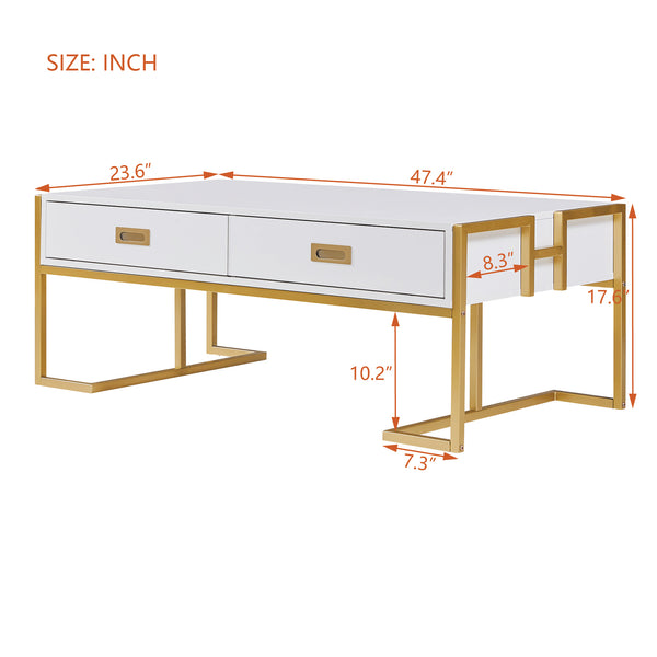 English Elm Modern 47.3" Rectangular Coffee Table with White MDF Top, Gold Metal Base & 4 Spacious Drawers, Luxe-functional Design N735P305626K
