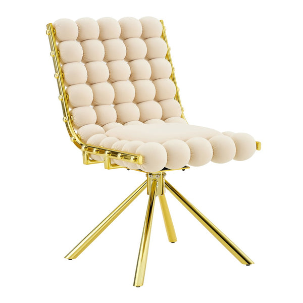 English Elm Cream Dutch Velvet Swivel Chair Tufted Bubble Backrest Glam Armless Accent Seat Beige,Gold W3875P448019