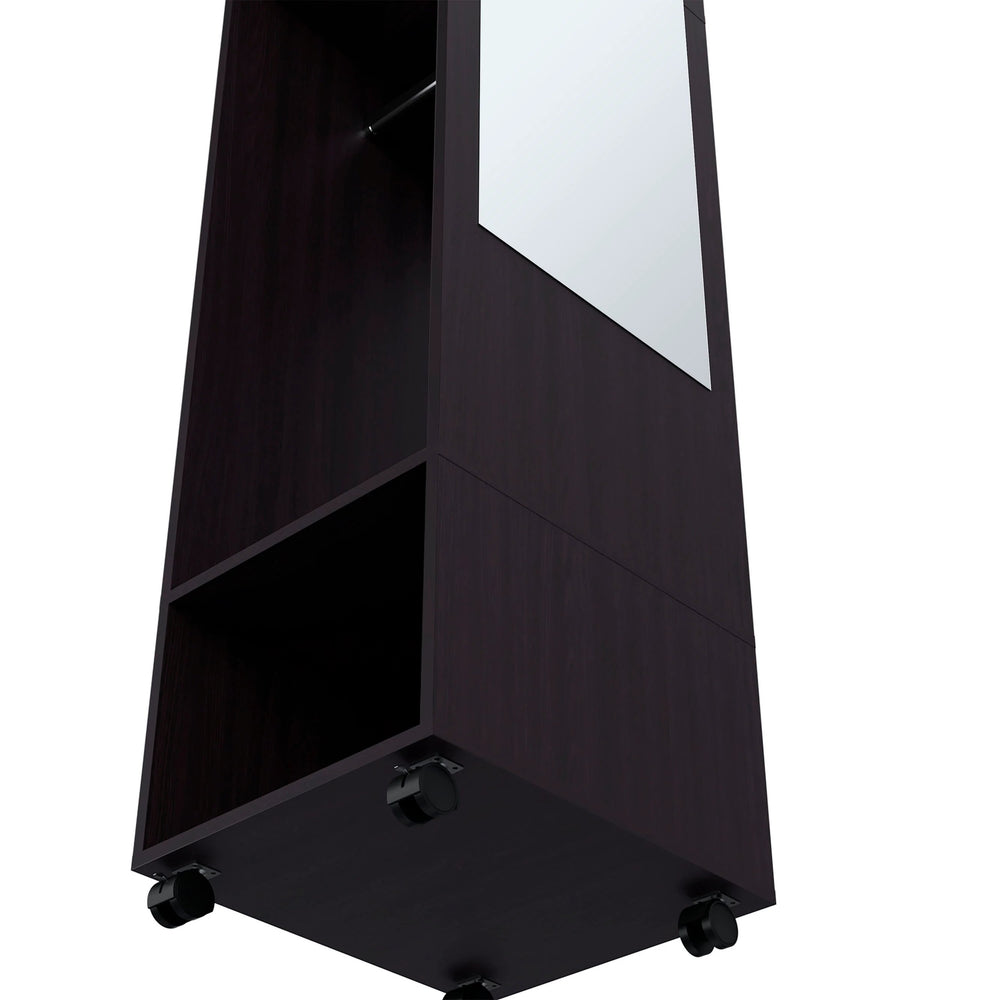 English Elm Wenge Mobile Wardrobe with Mirror Door, 3 Shelves & Open Storage on Wheels for Modern Organization B062P227647