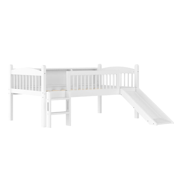English Elm Twin Low Loft Bed Solid Pine Frame with Built-in Led Lighting and Storage Shelves Light White W1580P395928