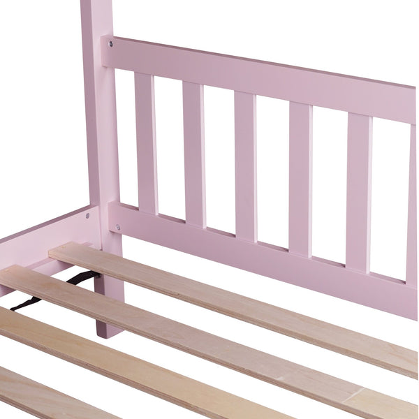 English Elm Twin House Bed with Headboard and Footboard — Space-Saving Rubberwood Frame, Playful Architectural Design Pink W504P225964