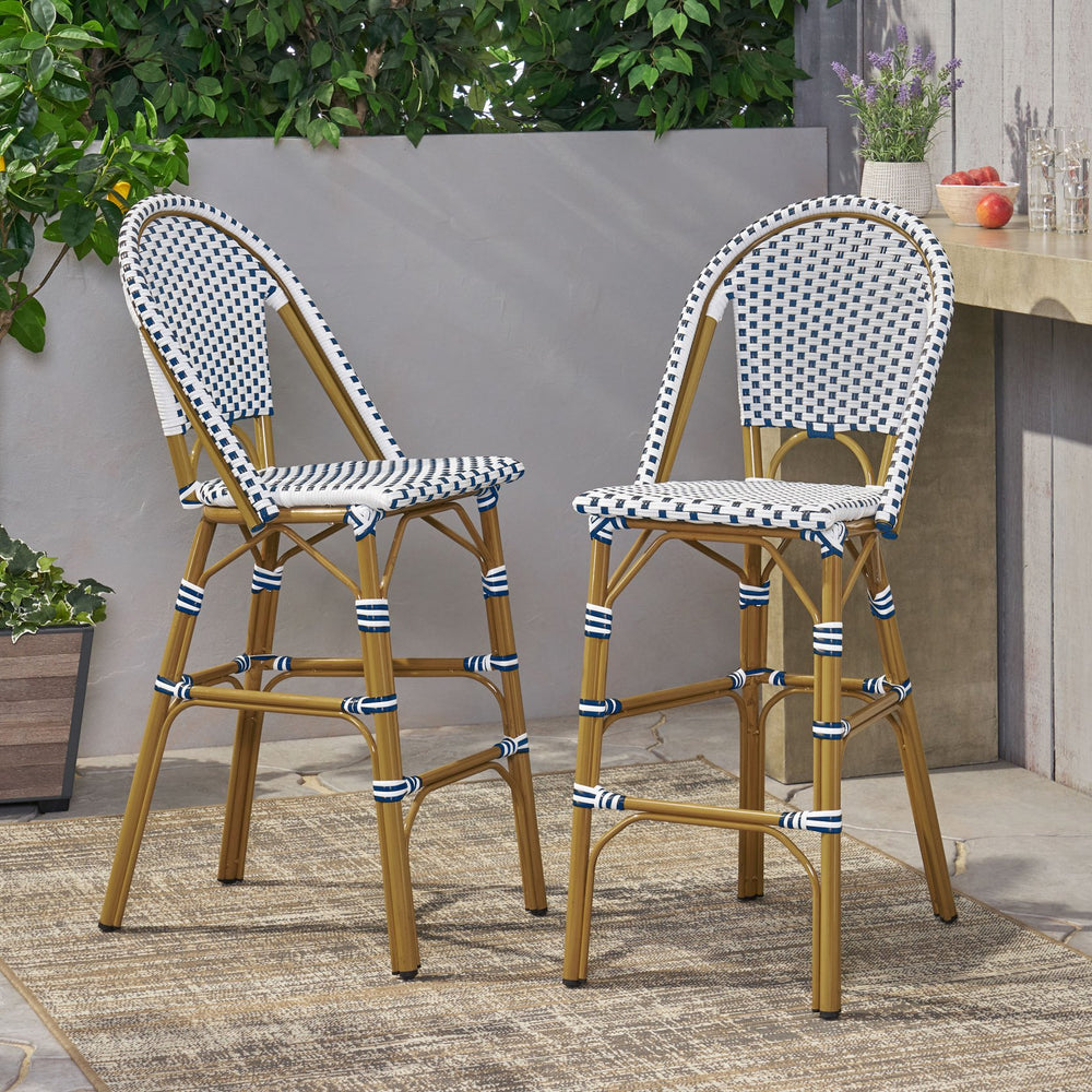 English Elm Christopher Knight Home® - 29.5" Outdoor PE Rattan French Barstool Set of 2 – White & Blue Cafe Chic, Aluminum Bamboo Finish, 29.5" Seat Height N772P314258B