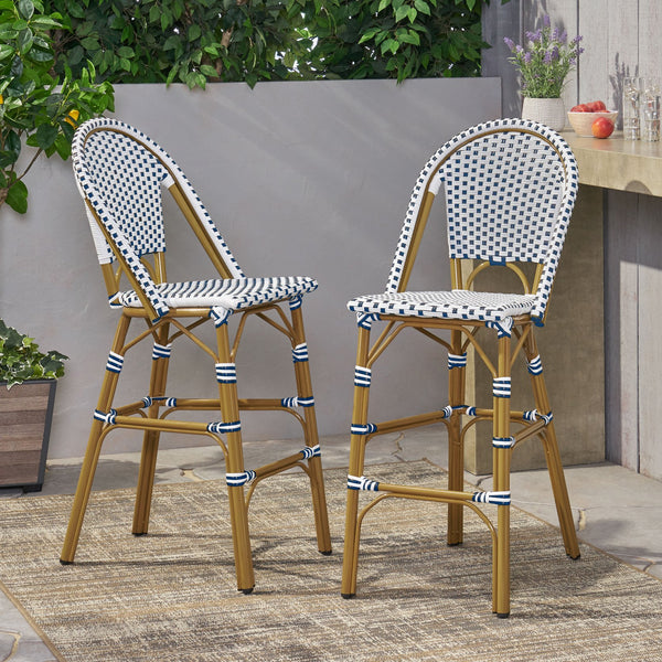 English Elm Christopher Knight Home® - 29.5" Outdoor PE Rattan French Barstool Set of 2 – White & Blue Cafe Chic, Aluminum Bamboo Finish, 29.5" Seat Height N772P314258B